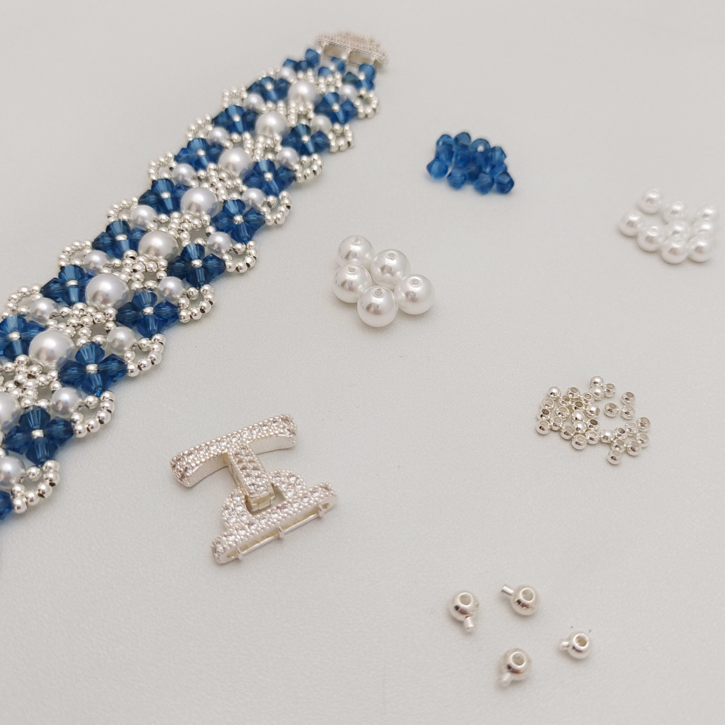【No.83】 DIY Bracelet Craft Kit – French Lace Beaded Pearl & Crystal Bracelet with 3-Row Clasp
