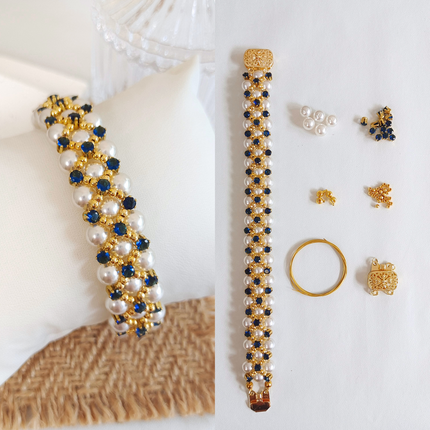 【No.45】 DIY Bracelet Craft Kit – Blue Phantom Beaded Design with Pearls & Sapphire Crystals Beading Set