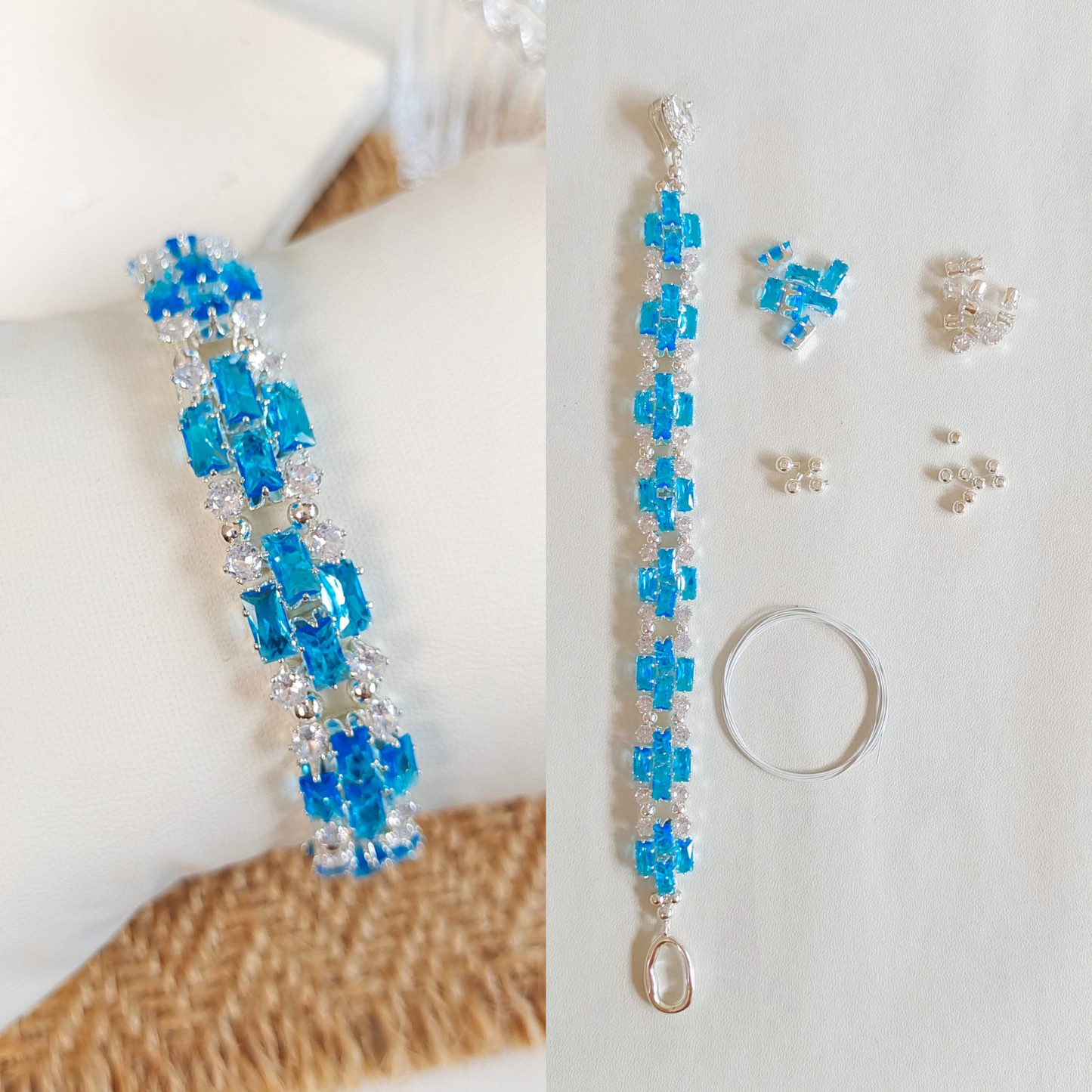 【No.38】 DIY Bracelet Craft Kit – Smurf Blue Baguette Zircon, Crystals & Beading Supplies with Video Tutorial