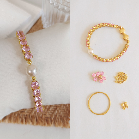 【No.47】 Lady Pink DIY Bracelet Craft Kit with Pink Zircon and Pearl Handmade Jewelry – Gold Bow Clasp