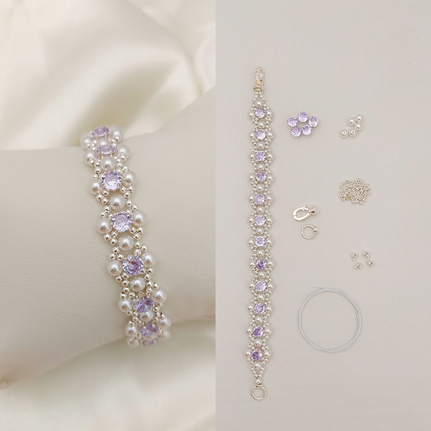 【No.62】 LilacPearl DIY Bracelet Craft Kit – Purple CZ, Pearl & Silver Seed Beads, Complete Tutorial Included Beading Materials