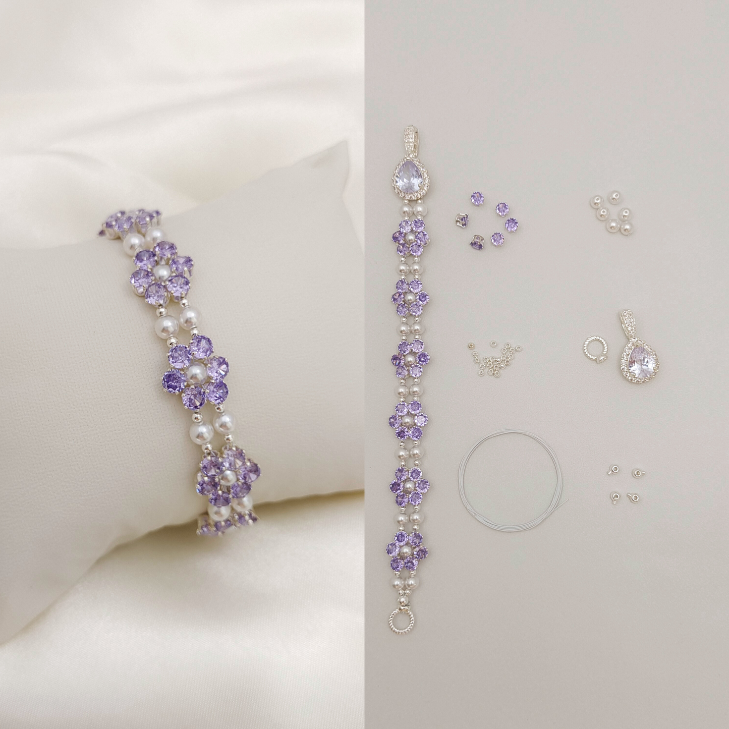 【No.69】 Purple Daisy DIY Bracelet Craft Kit – Purple CZ, Pearls, Drop Clasp & Full Tutorial Handmade Jewelry