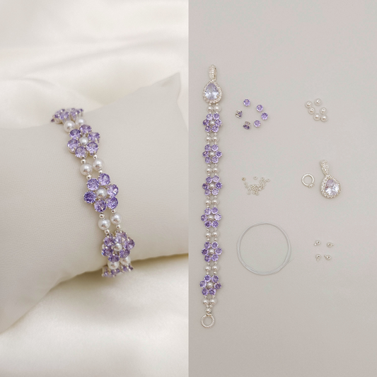 【No.69】 Purple Daisy DIY Bracelet Craft Kit – Purple CZ, Pearls, Drop Clasp & Full Tutorial Handmade Jewelry