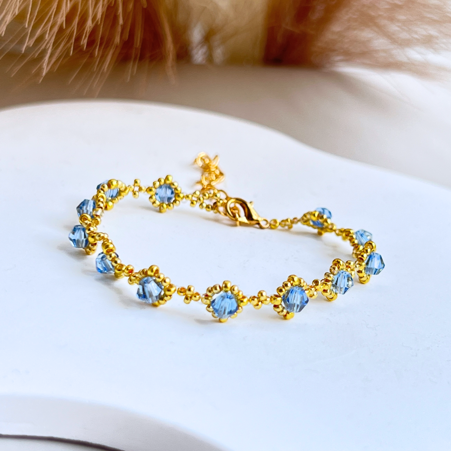 Full view of sky blue beaded bracelet