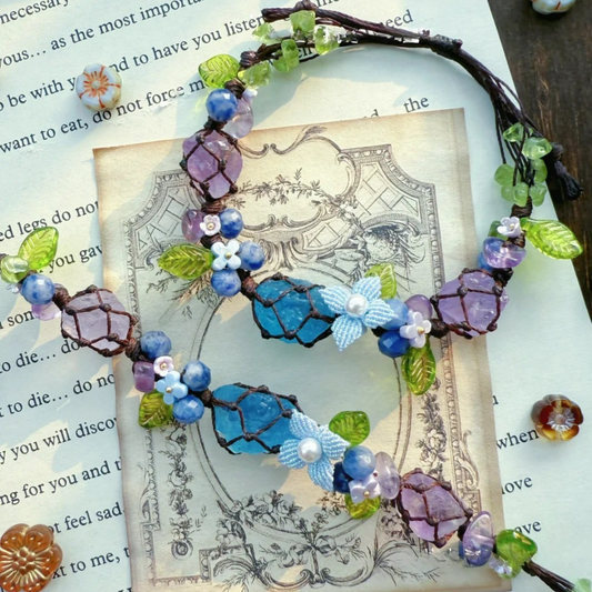 Raw aquamarine and amethyst stone bracelet close-up