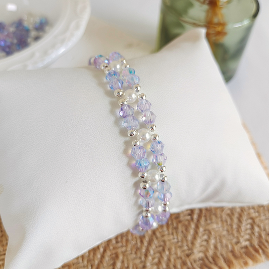 Iridescent purple crystal beaded bracelet, hand-strung design