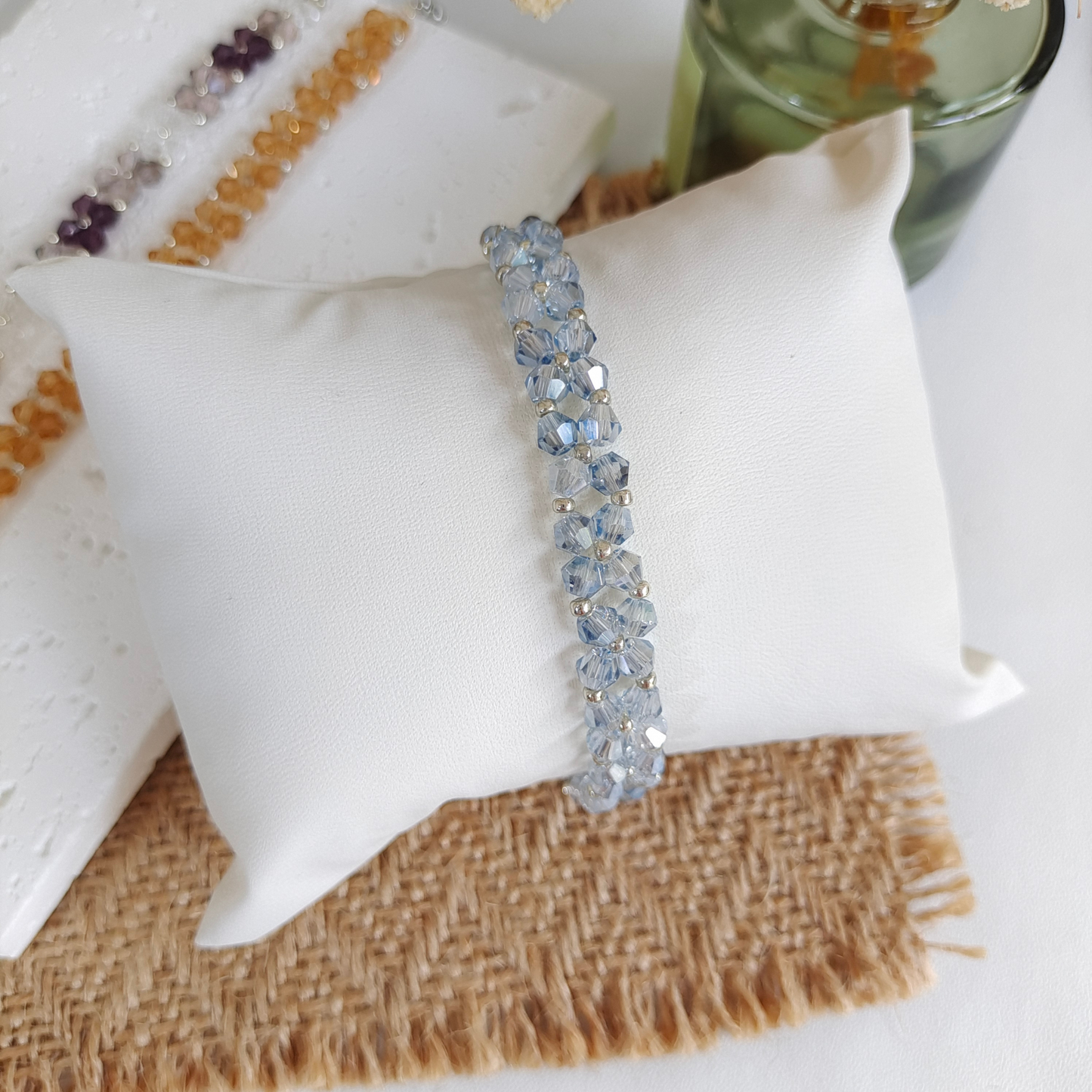 Ice blue rystal bicone bead bracelet with a light-reflecting finish