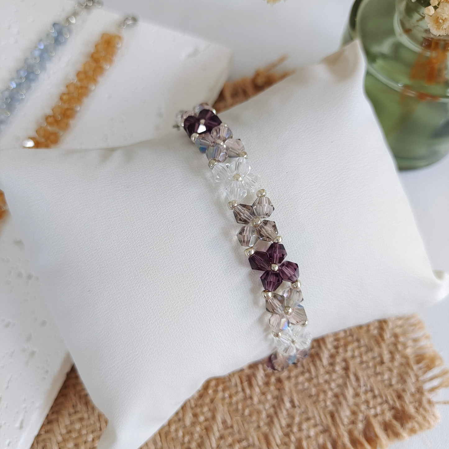 Purple crystal bicone bead bracelet with a light-reflecting finish