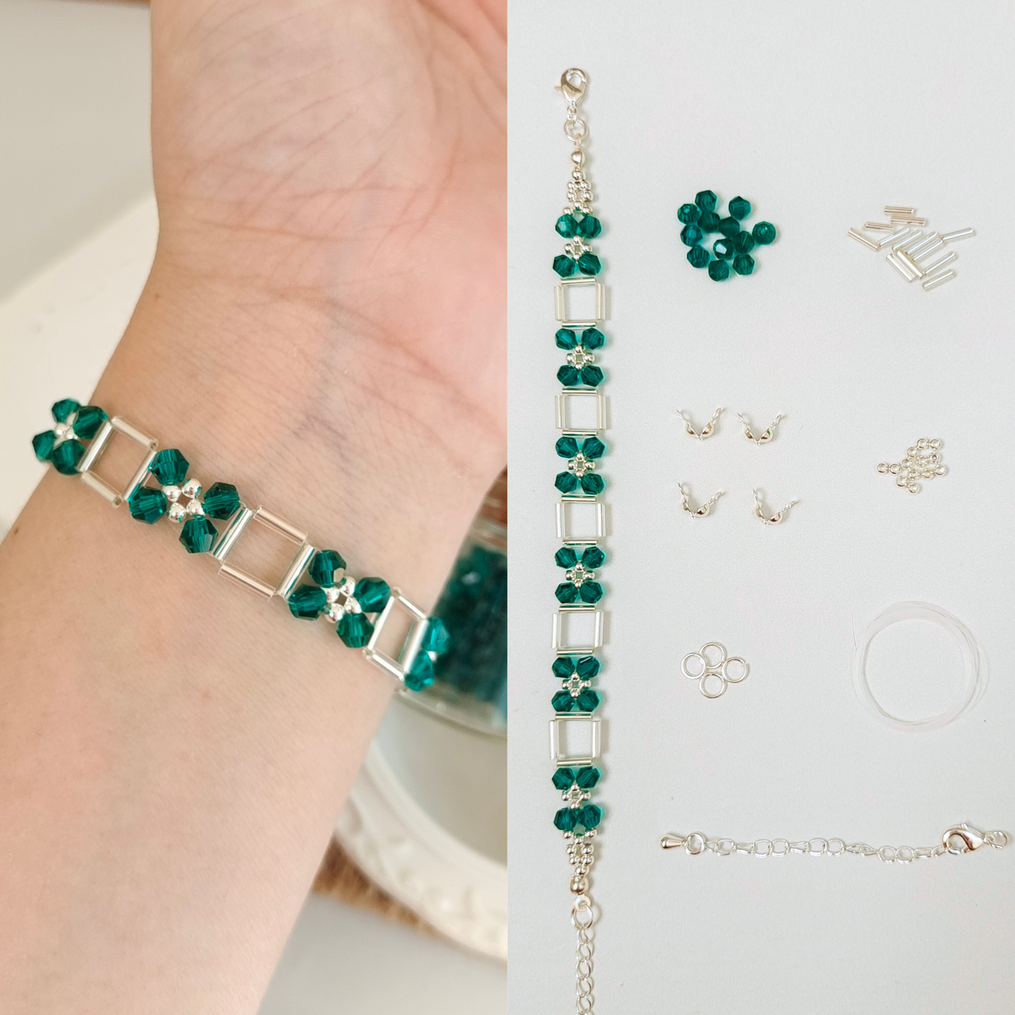Peacock green crystal and silver tube bead bracelet with materials list