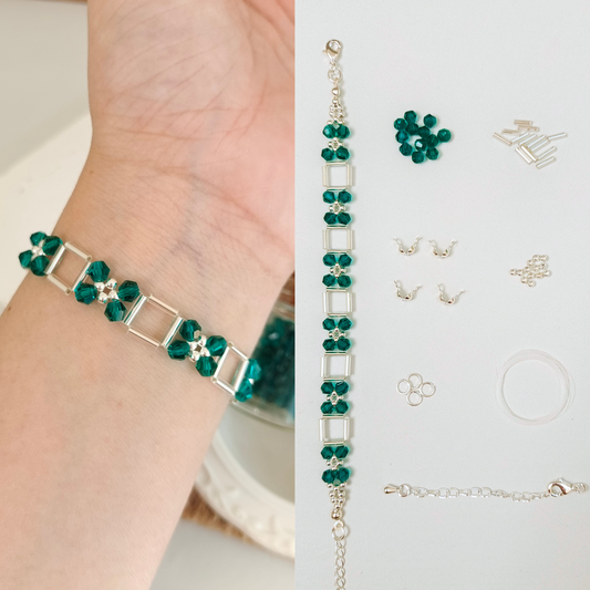 Peacock green crystal and silver tube bead bracelet with materials list