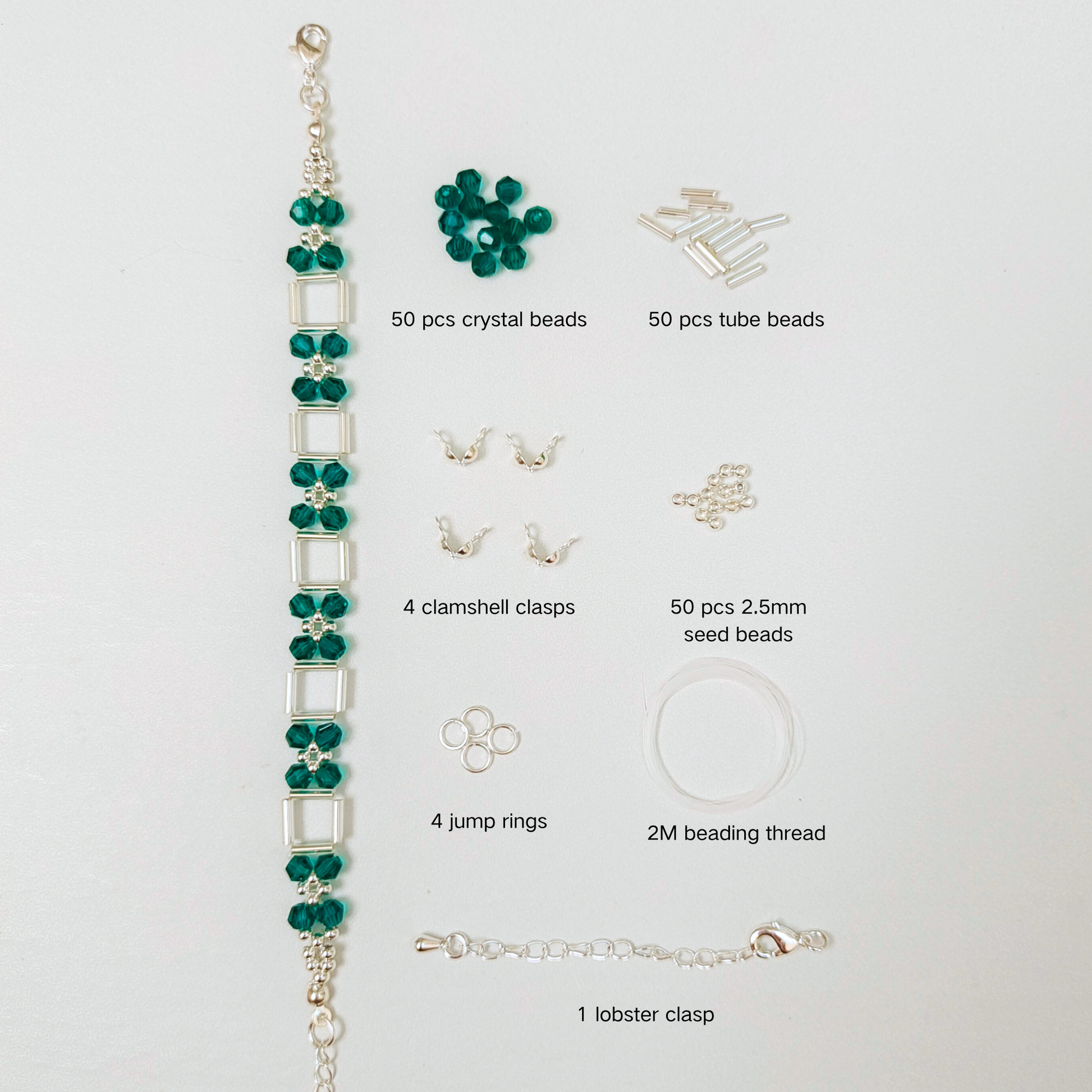DIY peacock green crystal and silver bead bracelet kit and materials