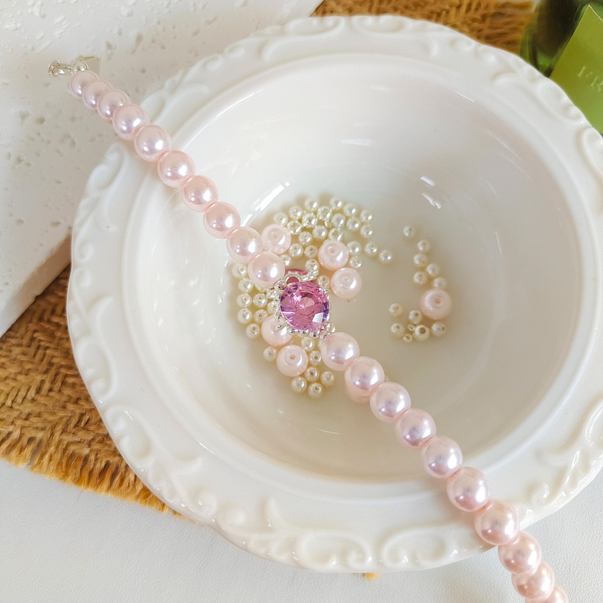 DIY bracelet kit with pink pearls and rhinestone spacers