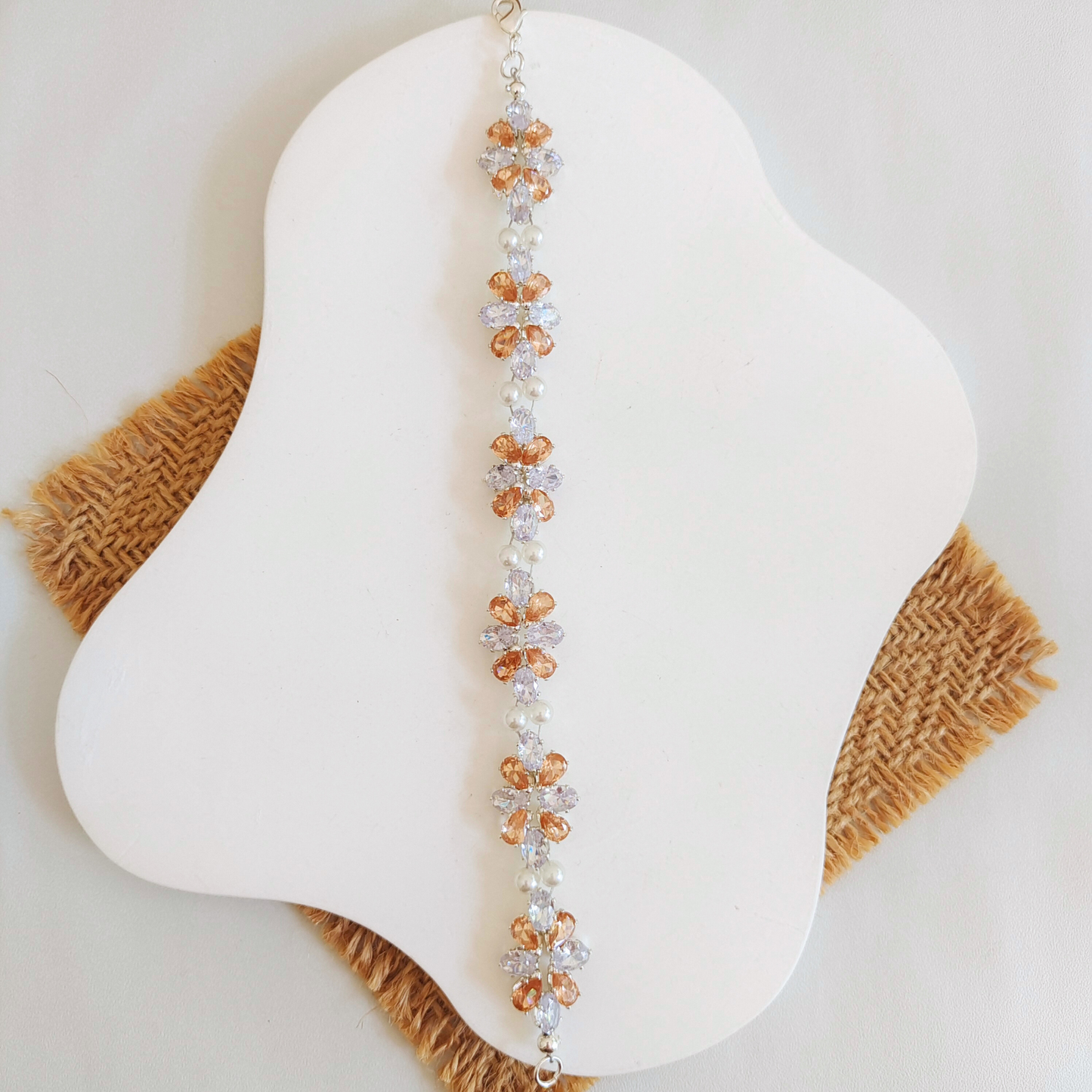 White oval zircon and amber teardrop zircon pearl handmade bracelet