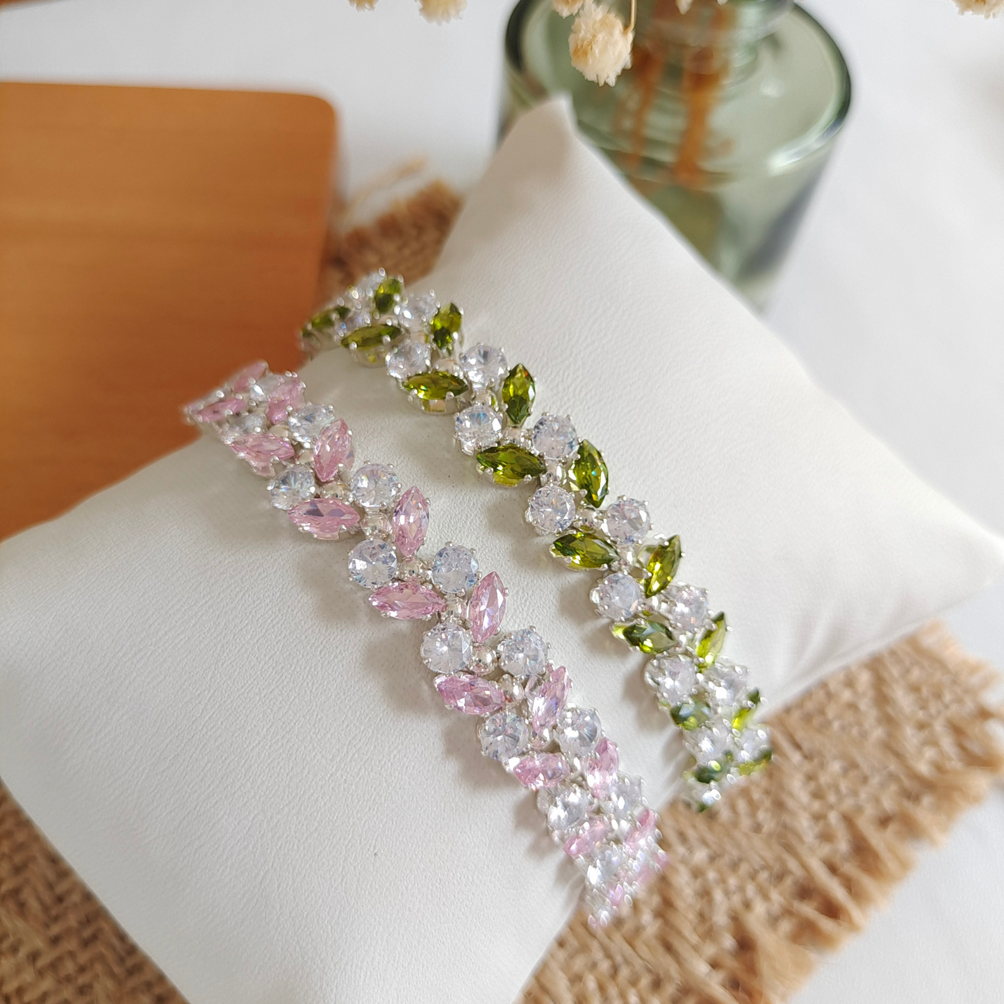 Delicate CZ olive branch charm bracelet with beaded details