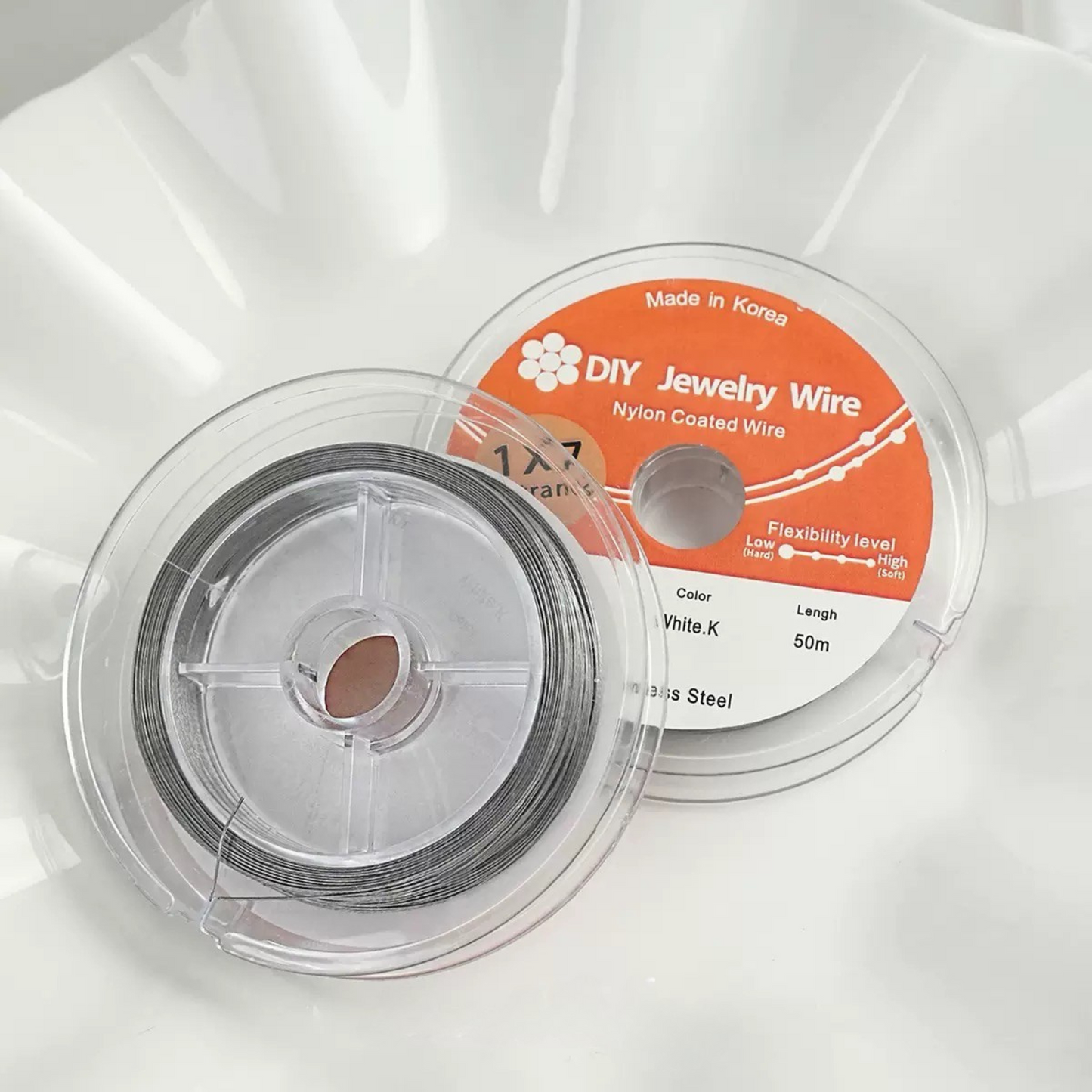 Double-sided display of steel gray beading wire for DIY jewelry