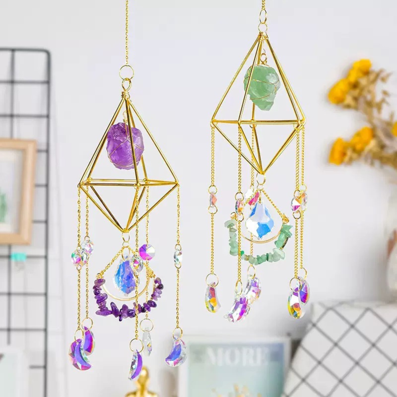 Amethyst and fluorite crystal suncatcher