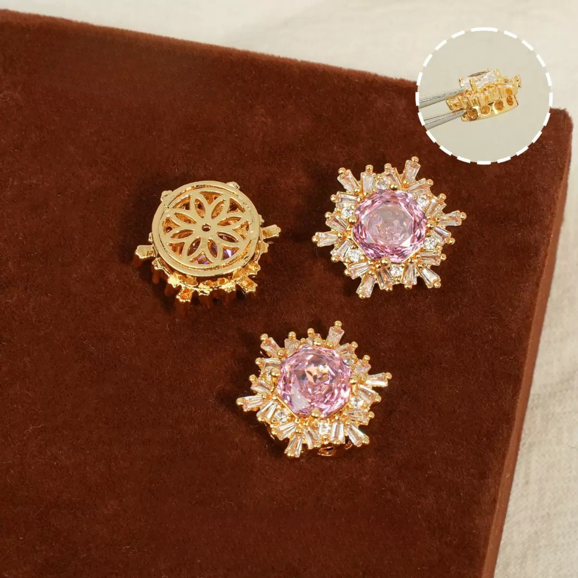 Gold-plated pink snowflake rose zircon spacer bead
