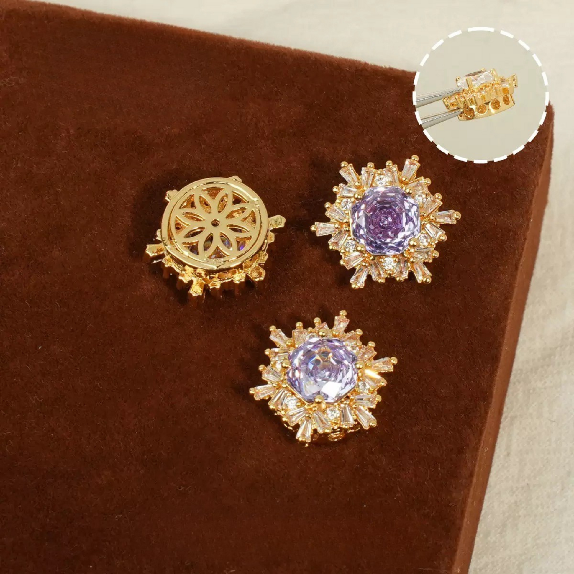 Gold-plated purple snowflake rose zircon spacer bead