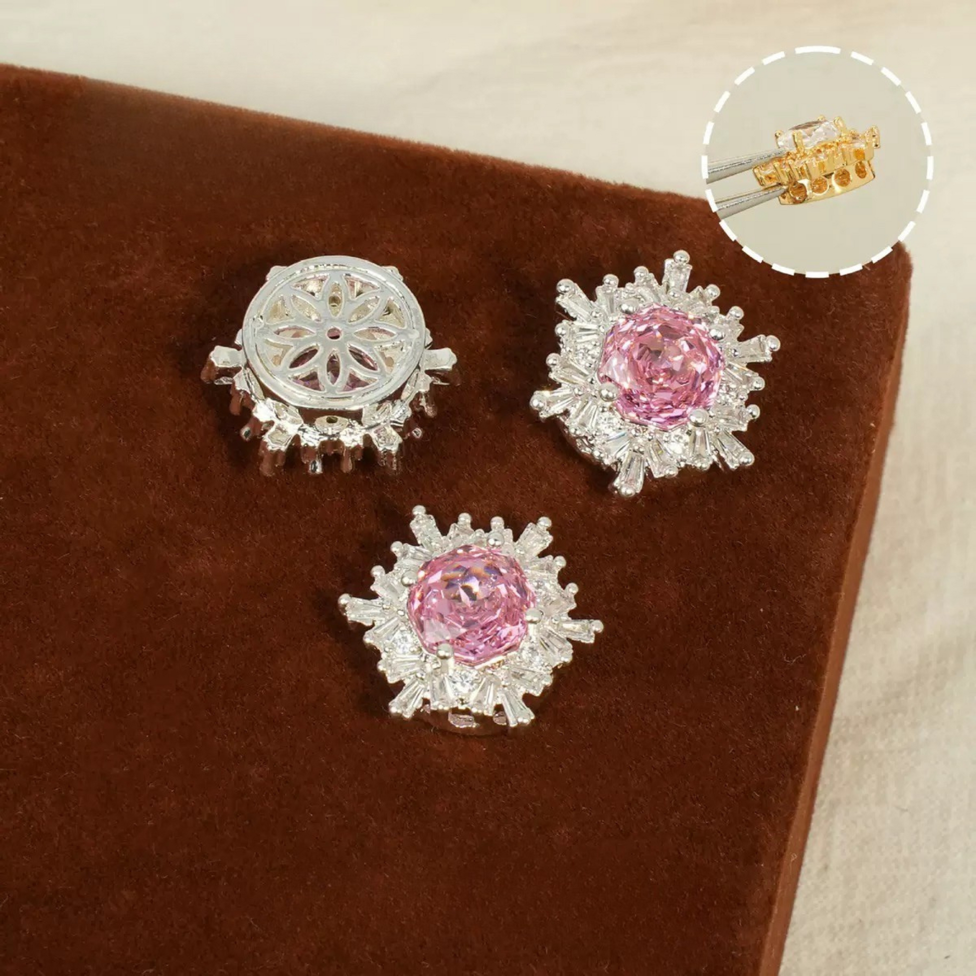 Silver-plated pink snowflake rose zircon spacer bead