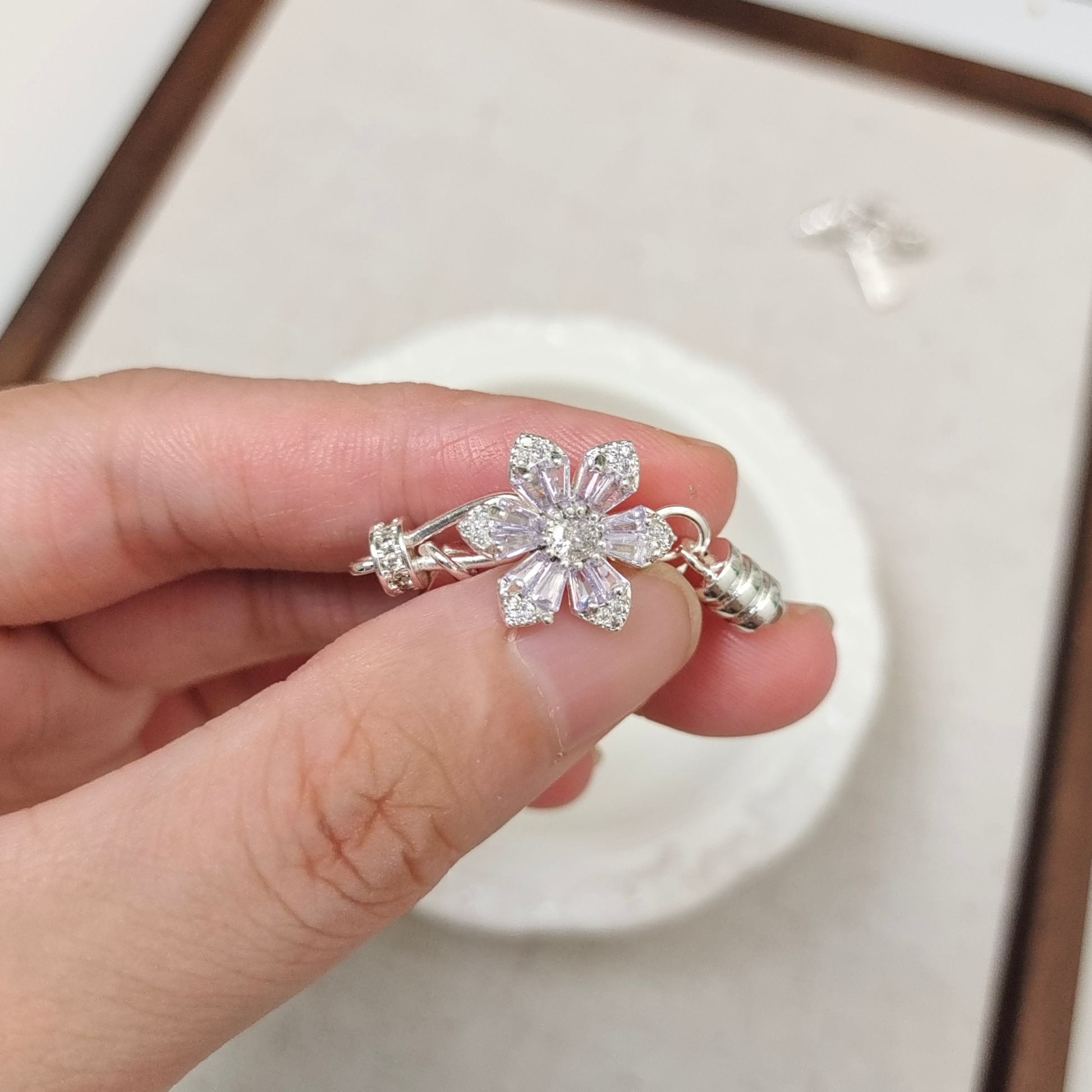 Detail view of sakura-shaped purple zircon jewelry connector