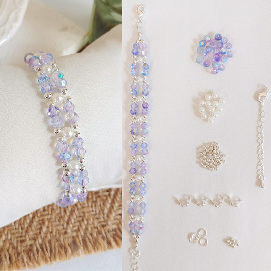 DIY kit with aurora purple crystals and bracelet-making tools