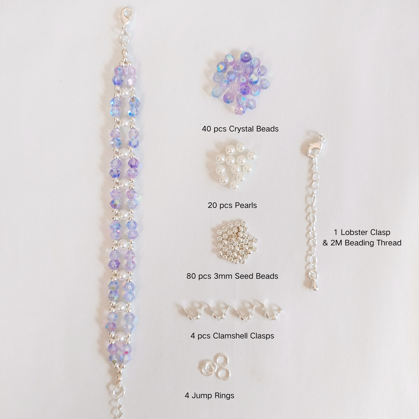 DIY kit with aurora purple crystals, pearls and bracelet-making tools