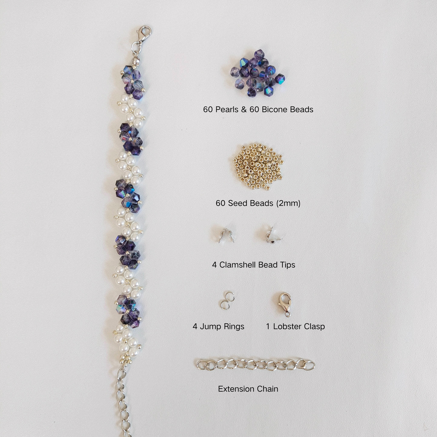 Handmade bracelet with ink orchid diamond beads and pearls plus materials