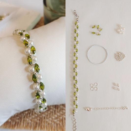 Olive green marquise zircon and pearl handmade bracelet with materials list