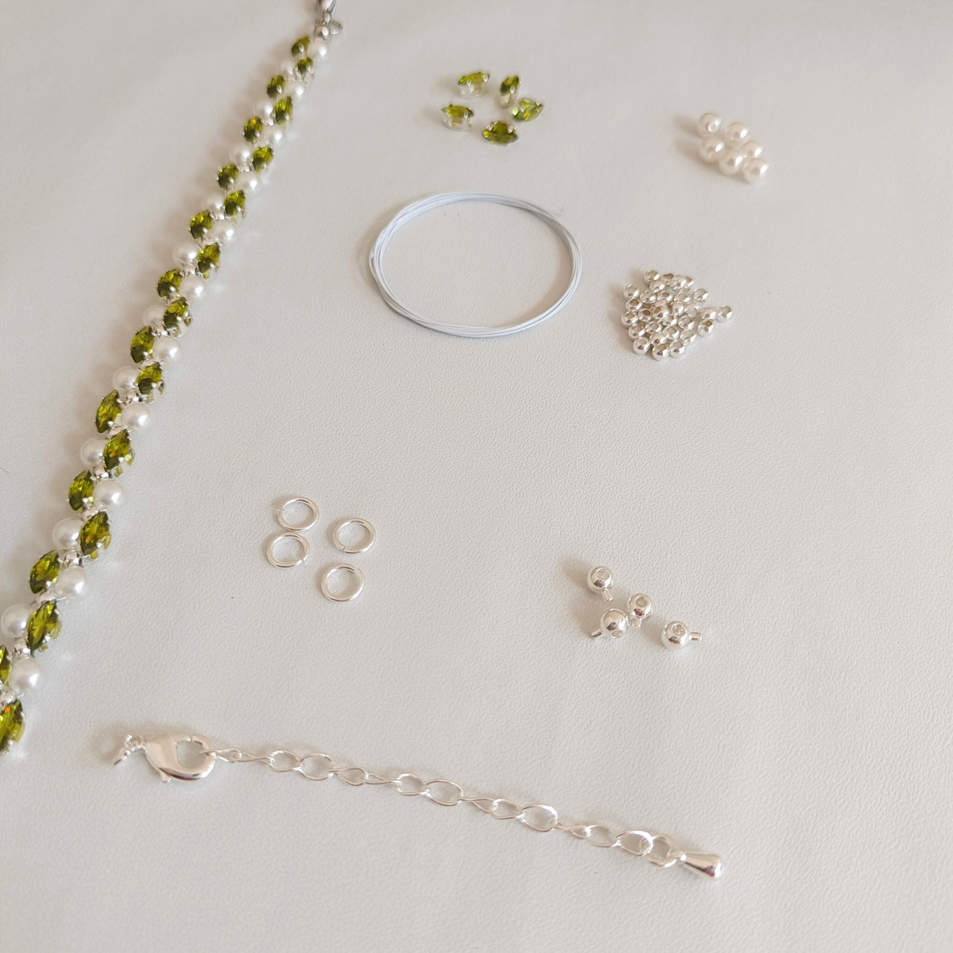 Olive green zircon and pearl handmade bracelet plus materials list