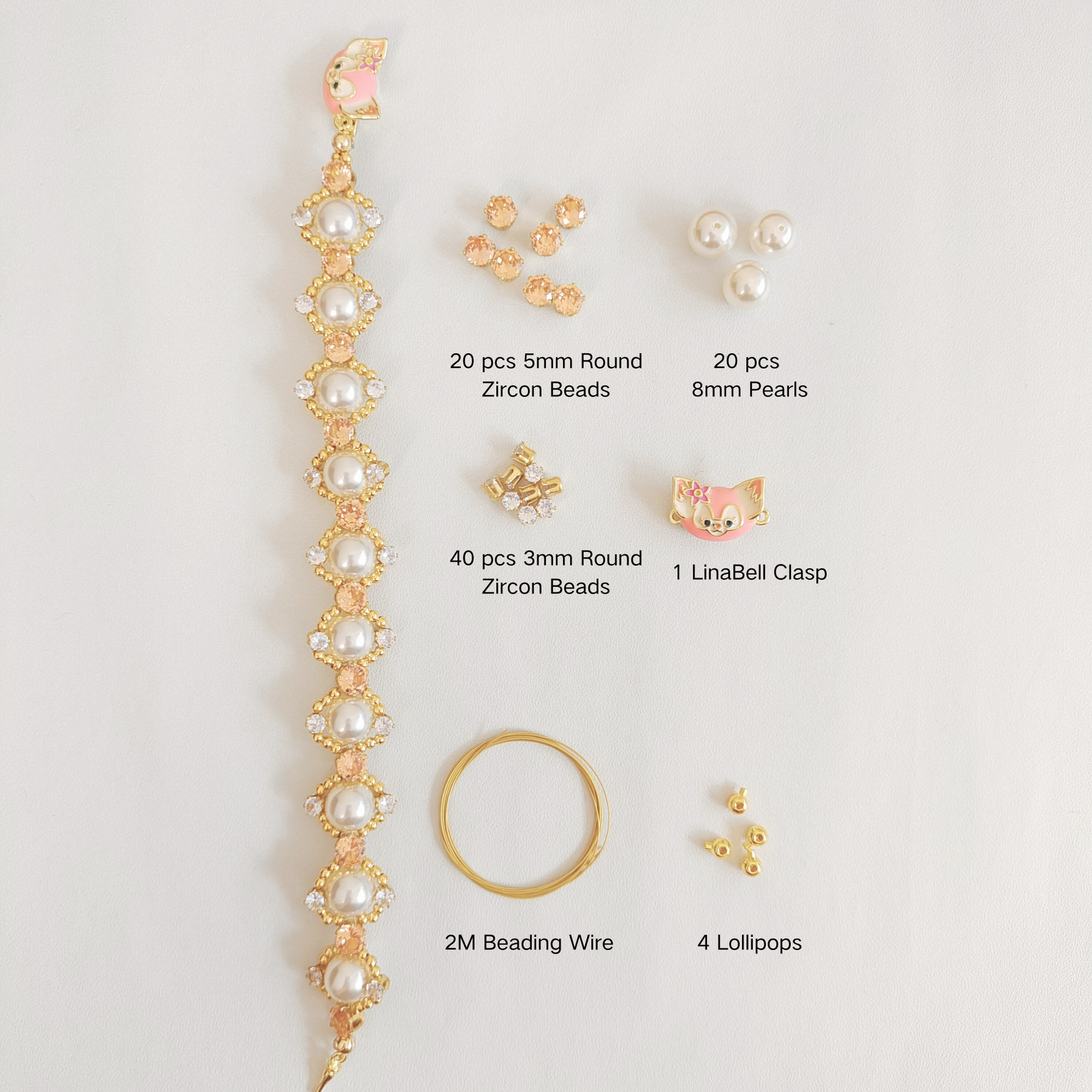 Materials for LinaBell-style pearl bracelet: clasp, pearls, tools