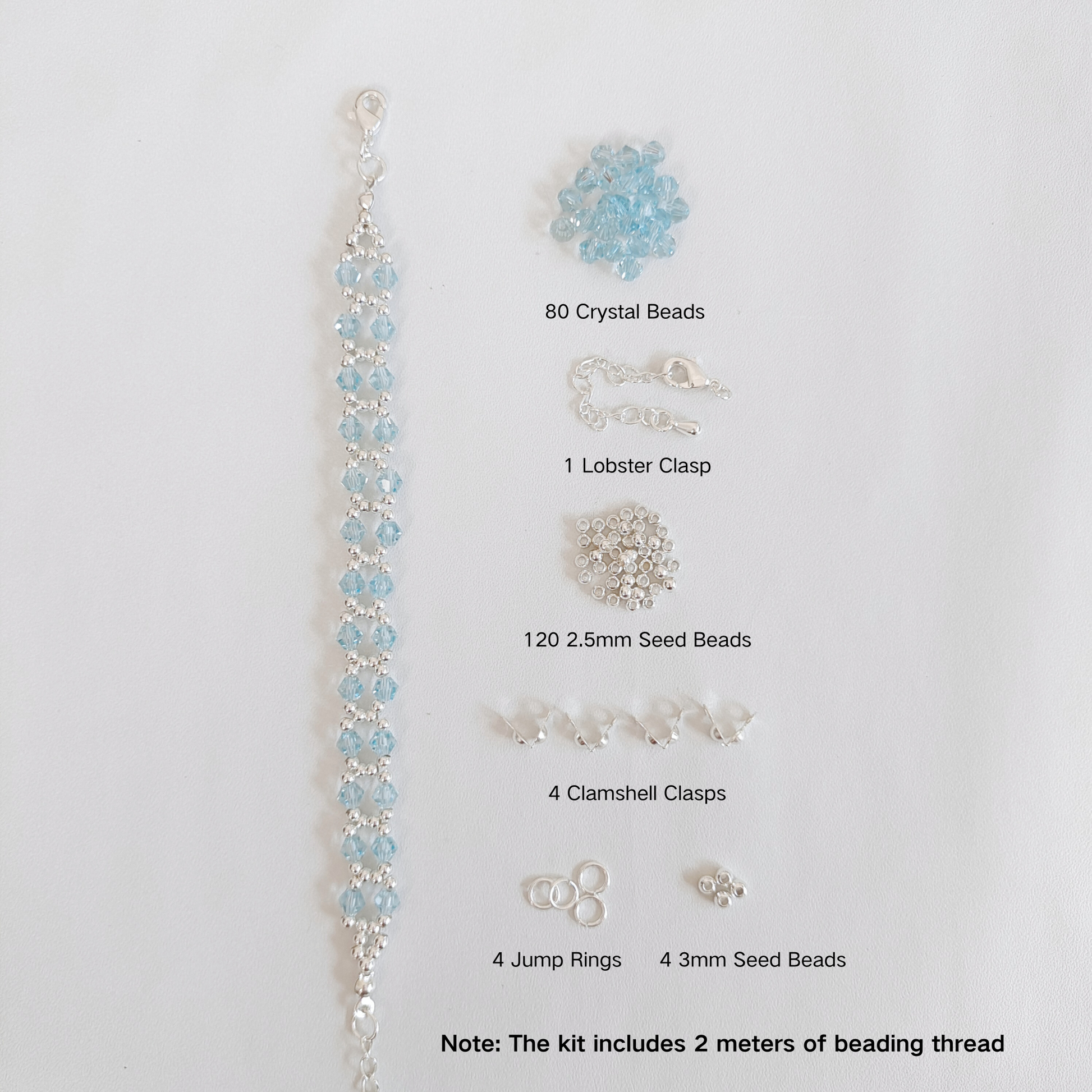 Materials used in handmade bracelet with icy blue crystals