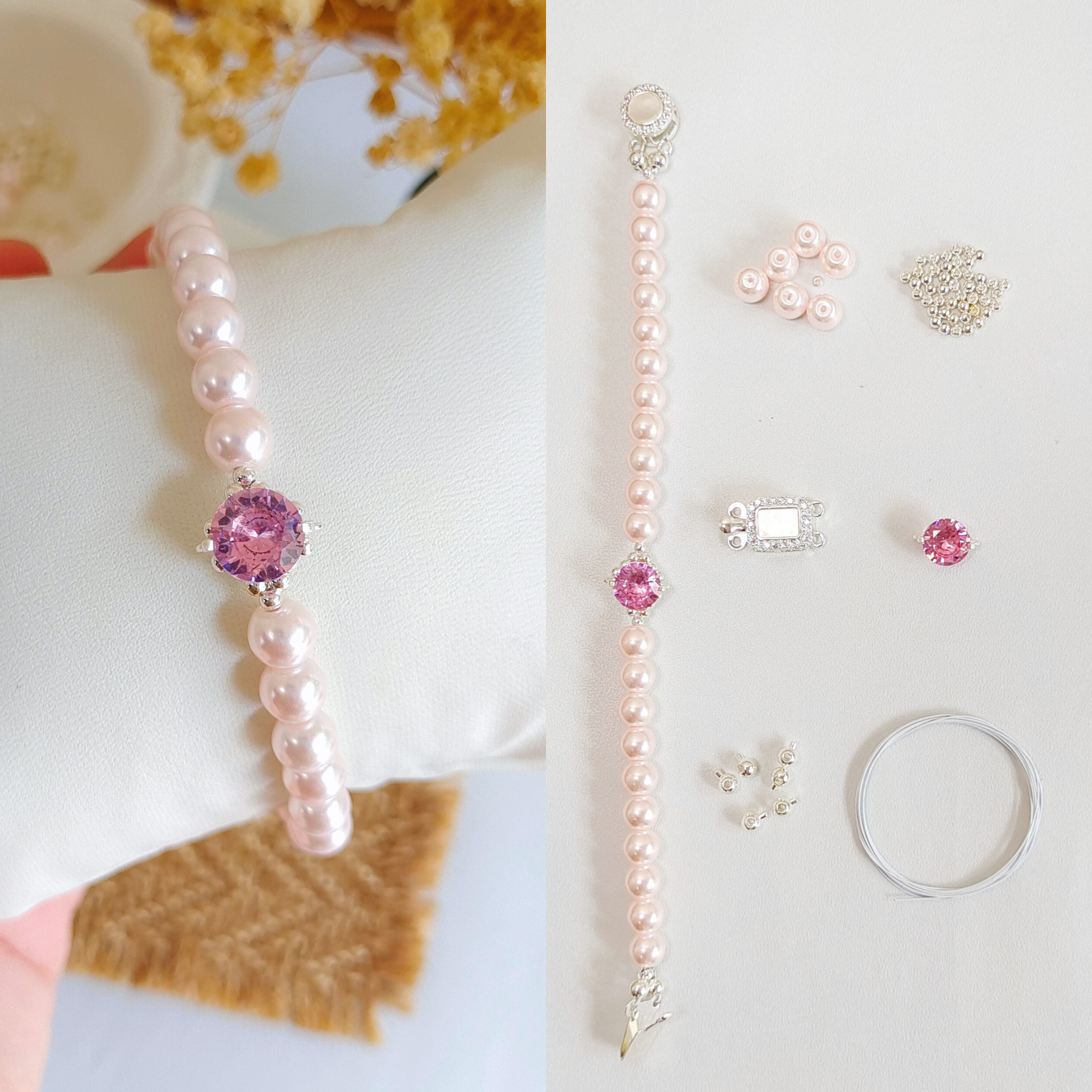 DIY bracelet kit with pink pearls and rhinestone spacers