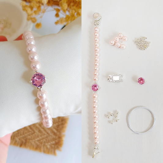 DIY bracelet kit with pink pearls and rhinestone spacers