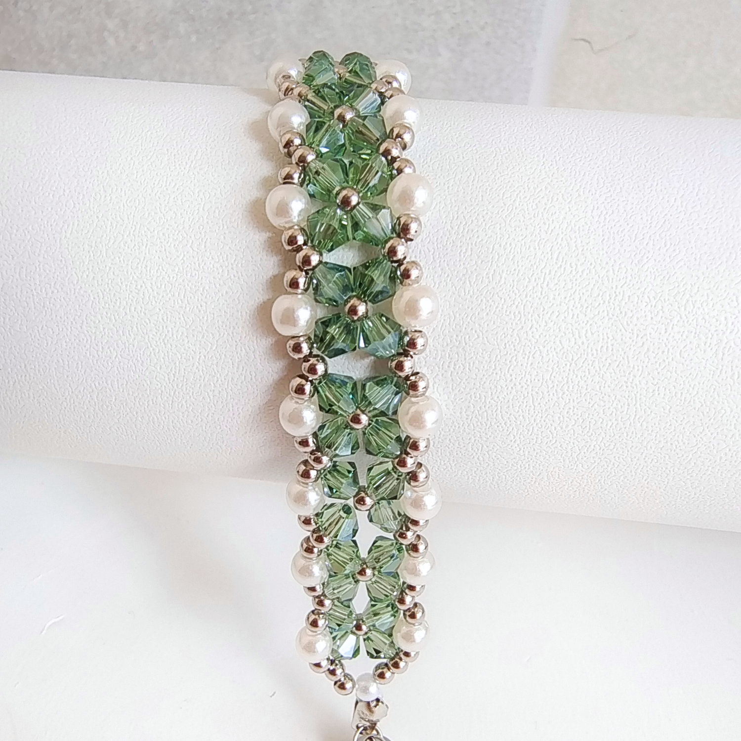 Detailed shot of gray-green diamond beads bracelet