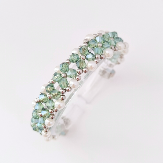 Full view of gray-green diamond beads bracelet