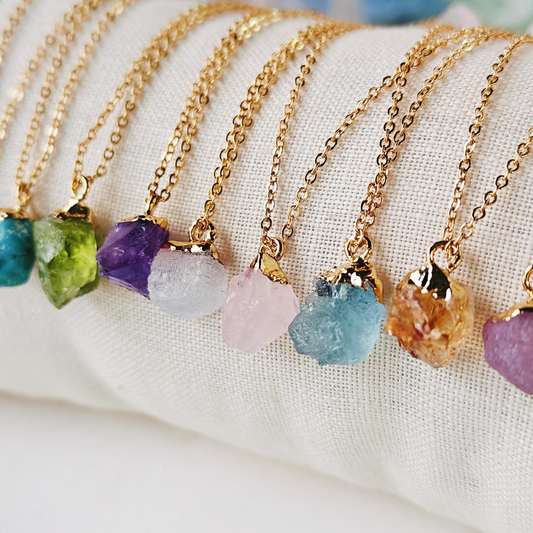 Close-up of raw crystal necklace