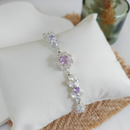 Handmade bow bracelet with clear marquise and purple round CZ, large violet spacer