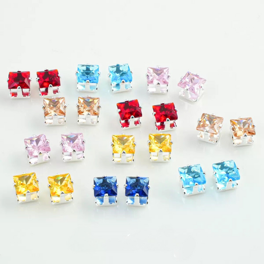 Faceted square CZ stones with silver-tone prongs