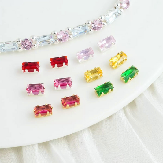 Rectangular claw-set cubic zirconia stones in assorted colors